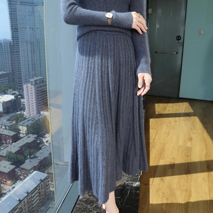 FRSEUCAG Autumn and winter women's warm half skirt 100% mink cashmere pleated skirt thick long skirt soft and loose fashionable PlatiNum