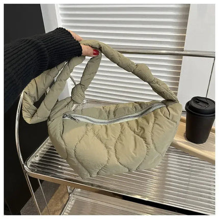 Puffer Shoulder Bag for Women Soft Down Cotton Padded Tote Handbag Purse Quilted Cross Body Bag Solid Color Bubbles Cloud Bag PlatiNum