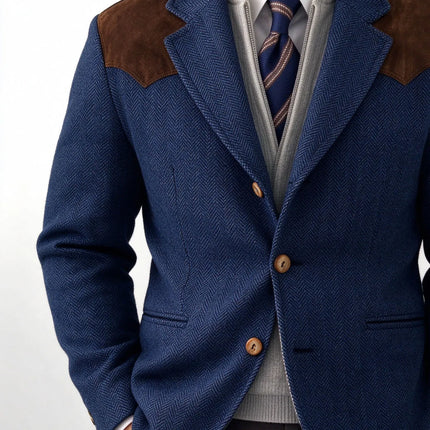 Herringbone Tweed Men's Blazer Jacket Wool Blend Suede Patch Shoulder Men's Sport Coat Business Casual Slim Fit For Oktoberfest