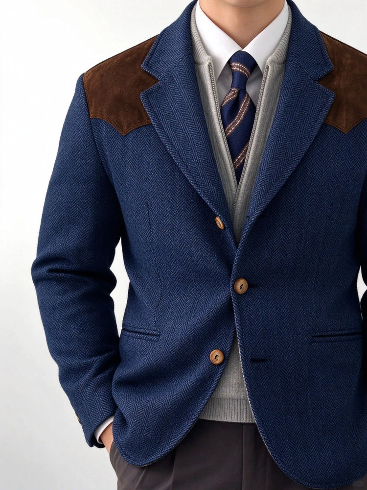 Herringbone Tweed Men's Blazer Jacket Wool Blend Suede Patch Shoulder Men's Sport Coat Business Casual Slim Fit For Oktoberfest