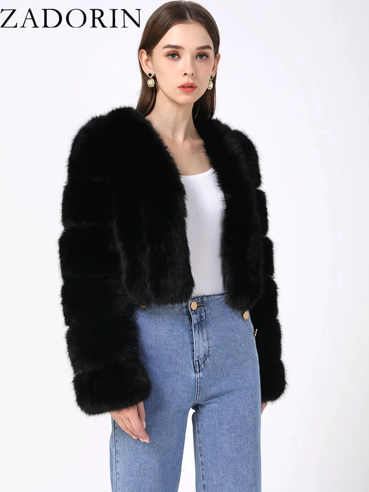 ZADORIN Luxury Cropped White Faux Fox Fur Coat Woman Clothing V Neck Long Sleeve Winter Fluffy Faux Fur Jacket Fur Coats Woman