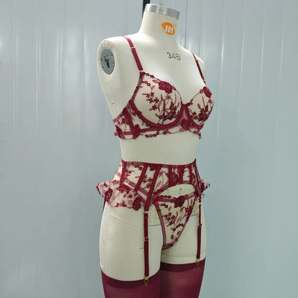 Sexy Lingeries Floral Embroidery Bow Lace Bra Garter Panty Set See Through Sheer Erotic Costumes Woman Underwear 4-piece Sets