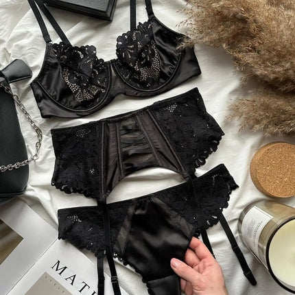 Toucheart 3 Piece Set Sexy Underwear Set For Women Mesh See-Through Lace Thin Sling Bra Set With Girdle Sexy Lingerie Suit New