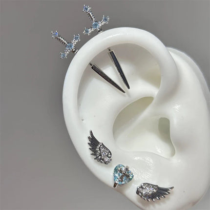New Fashion Love Wings Cross Acciaio inossidabile Osso dell'orecchio Chiodo Zircone lucido Orecchino con filo alla moda per le donne Accessorio per piercing al corpo platinumshop