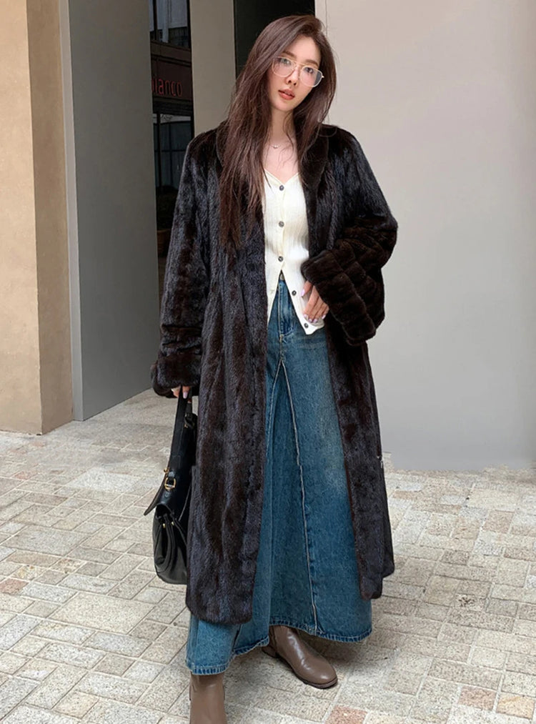 ZADORIN Luxury Designer Clothing Winter Mink Coat Woman Long Brown Faux Fur Coats Woman Chic Fluffy Fur Jacket Loose Outerwears