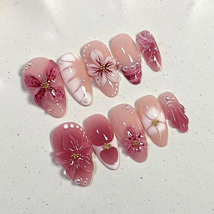 24pcs Pink Flower Almond Press on Nails Kawaii False Nails Wearable Stick-on Nails Fake Nail Uñas Postizas Накладные Ногти 네일팁2028
