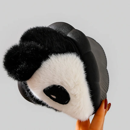 Chaussons d'intérieur en peluche chaude d'hiver en fourrure de lapin panda de dessin animé, pantoufles plates moelleuses thermiques amusantes pour femmes