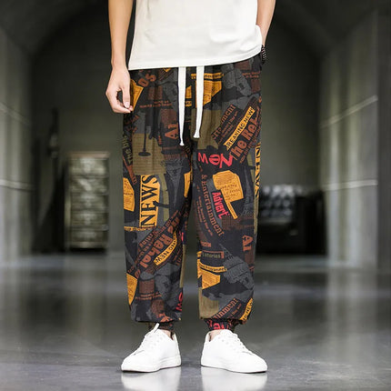 Pantaloni Primavera-Estate da Uomo in Stile Cinese, Sottili e Traspiranti in Cotone e Lino, con Vita Elastica, Pantaloni Harem Stampati Casual e Comodi