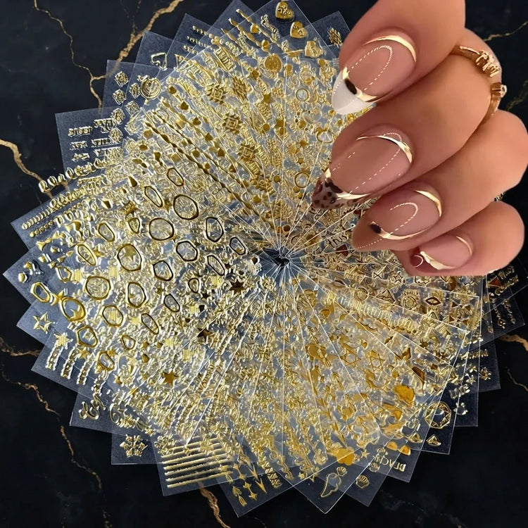 30 Sheets Gold Nail Art Stickers 3D Self‑Adhesive Nail Decals Gold Line Star Nail Stickers for Acrylic Nails Gold Leaf