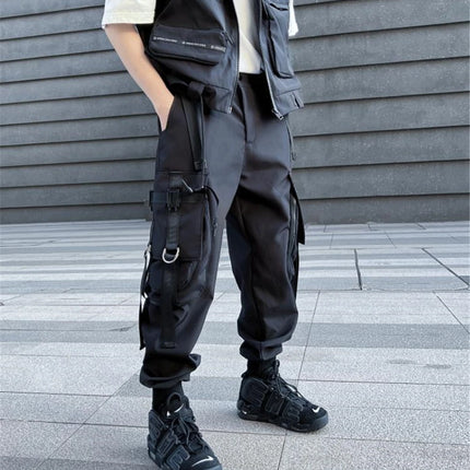 Hip Hop Tactical Cargo Pants Men Multi Pocket Ribbon Design Joggers Trousers 2023 Spring Functional Elastic Waist Pant Black