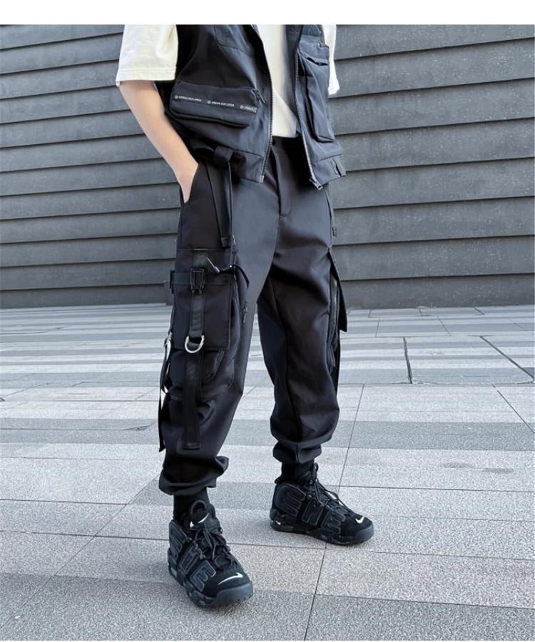 Hip Hop Tactical Cargo Pants Men Multi Pocket Ribbon Design Joggers Trousers 2023 Spring Functional Elastic Waist Pant Black