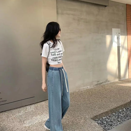 Jeans lavati curvi di seta pantaloni estivi in Denim a gamba larga larghi a vita alta da donna
