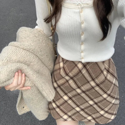 Autumn Winter Woolen Plaid Mini Skirt for Women College Casual All Match Short Skirts Woman Thicken Warm High Waist A-Line Skirt PlatiNum