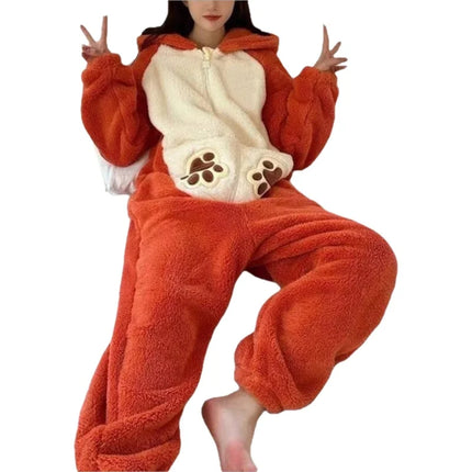 Cartoon Coral Fleece Lined Onesie Pajamas Women's Winter Home Clothes Comfortable Breathable Sleepwear Polyester Fiber