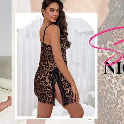 Camicie da notte sexy da donna taglie forti XL - 4XL con spalline sottili, body con stampa leopardata in pizzo - abbracciante, scollo a V profondo, sexy