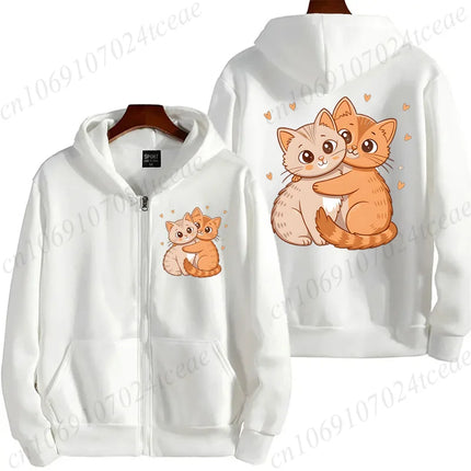 Zip‑Up Hoodie Funny Climbing Cats Graphic Print Long Sleeve Hooded Sweatshirt Front & Back Printed Casual Loose Jacket Outerwear