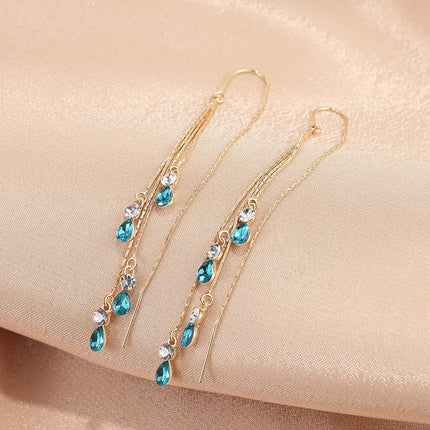 Luxury Temperament Green Zircon Drop Earrings For Women Korean Fashion Long Tassel Rhinestone Earring Wedding Party Jewelry PlatiNum