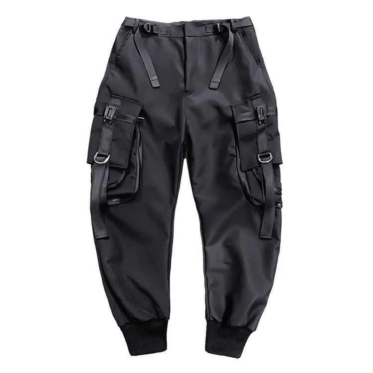 Hip Hop Tactical Cargo Pants Men Multi Pocket Ribbon Design Joggers Trousers 2023 Spring Functional Elastic Waist Pant Black