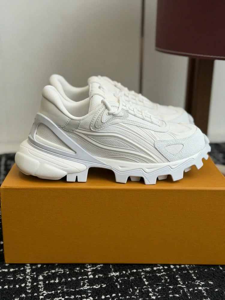 Minimalist Pure White Mesh & Leather Hiking‑Style Dad Sneakers Serrated Non‑Slip Thick Sole Triangle Tongue Decor Elevated Casual Ladies Athletic Shoes