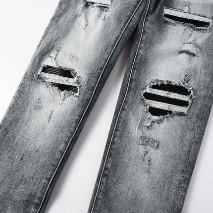 Street Designer Fashion Men Jeans Retro Gray Stretch Skinny Fit Patched Ripped Jeans Men Brand Hip Hop Y2K Denim Pants Hombre PlatiNum