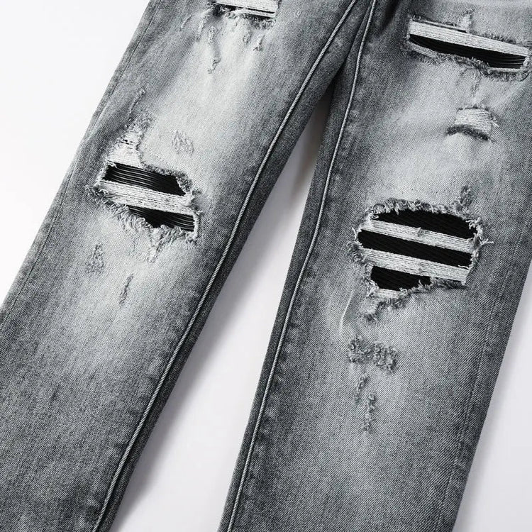 Street Designer Fashion Men Jeans Retro Gray Stretch Skinny Fit Patched Ripped Jeans Men Brand Hip Hop Y2K Denim Pants Hombre PlatiNum