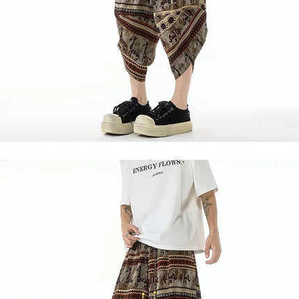 Pantaloncini estivi con stampa da spiaggia, pantaloni casual leggeri e traspiranti, pantaloni larghi alla moda da uomo, pantaloni comodi a lunghezza polpaccio per uomo