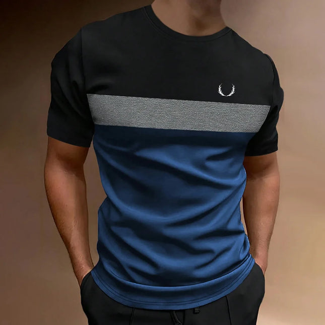 2025 Fashion Men's Color Block Printed T-shirt Casual Streetwear Male Crew Neck T-shirt