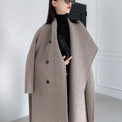 Luxury Hand-sewn Double-sided Cashmere Wool Coat Women New Mid-length Scarf Collar Loose Lace-up Warm Wool Coat Fashion Winter