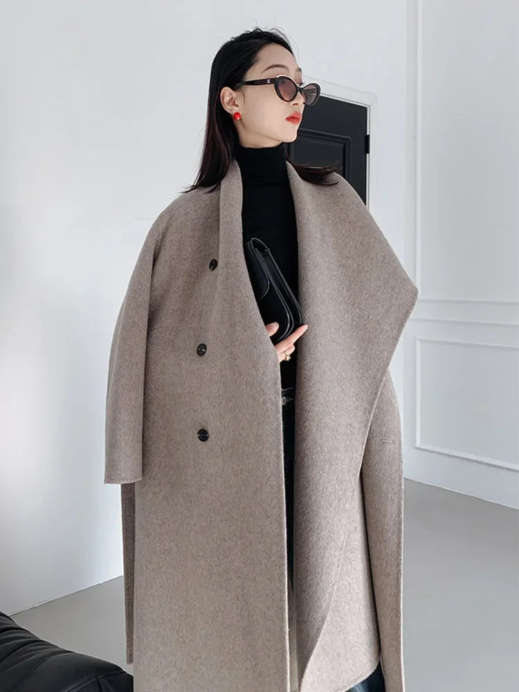 Luxury Hand-sewn Double-sided Cashmere Wool Coat Women New Mid-length Scarf Collar Loose Lace-up Warm Wool Coat Fashion Winter
