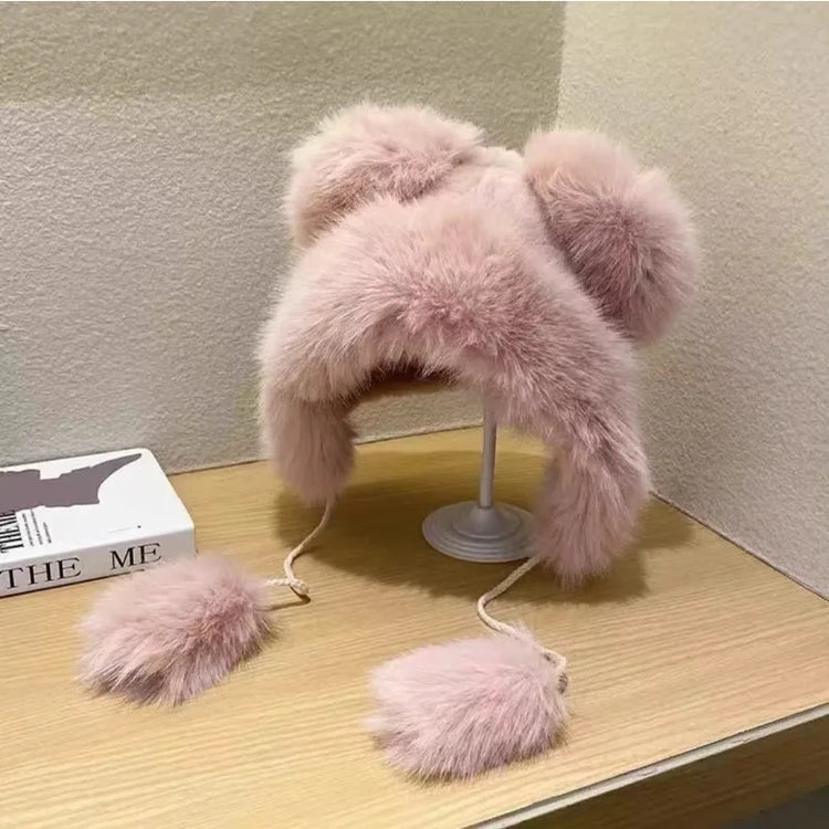 Winter  New Women's Plush Cute Bear Ear Hat ,Thicken and Warm Ear Protection Wind and Snow Hat  Plush Little Bear Lei Feng Hat
