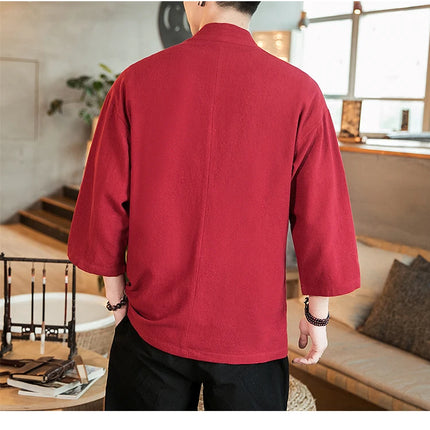 Kimono Camicia da uomo Samurai giapponese Cardigan tinta unita retrò Stile cinese Cotone Lino Yukata Haori Cappotto da uomo allentato Streetwear
