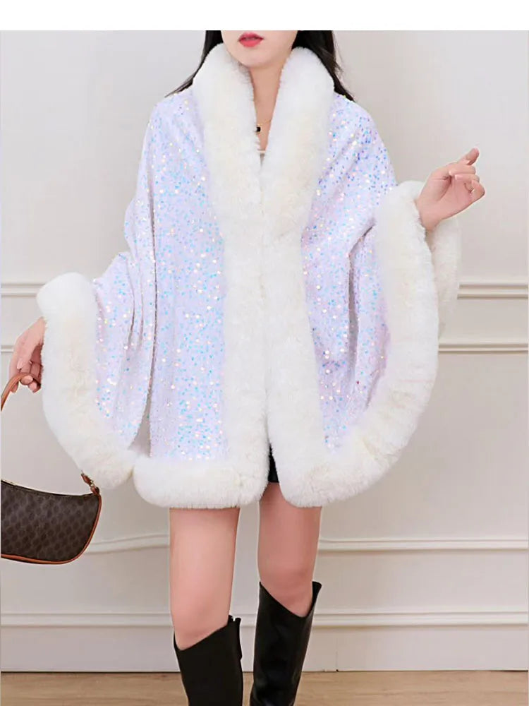 ZADORIN Fashion Sequins Long Furry Warm Faux Fur Coat Woman Autumn Winter Fur Cape Ponch Wedding Party Fur Shawl Cloak Cardigans