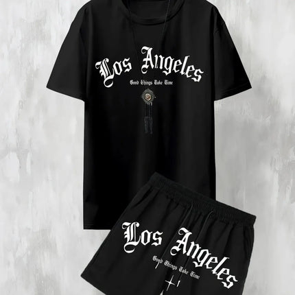 New Men's Casual Los Angeles Letter Print Comfortable and Breathable T-shirt Two-piece Outdoor Comfy Shorts Set