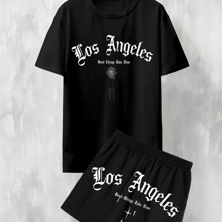 T-shirt comoda e traspirante stampata con lettera Los Angeles casual da uomo nuova Set di pantaloncini comodi da esterno in due pezzi