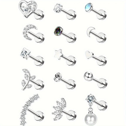 Florideco 1PC Stainless Steel Cartilage Stud Earrings for Women Opal Flat Back Earring Studs Lip Bar Nose Ear Piercing Jewellery PlatiNum