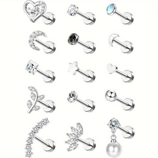 Florideco 1PC Stainless Steel Cartilage Stud Earrings for Women Opal Flat Back Earring Studs Lip Bar Nose Ear Piercing Jewellery PlatiNum