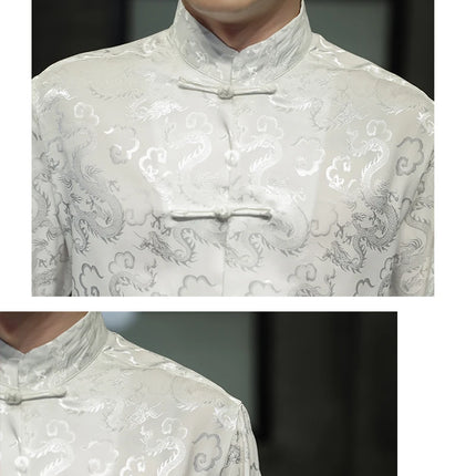 Giacca Tang di alta qualità da uomo camicetta con colletto alla coreana in argento elegante abbigliamento cinese rosso camicie Casual da uomo in raso di seta blu di grandi dimensioni