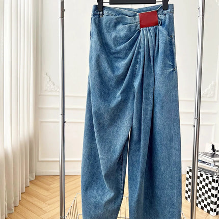 Jeans da Donna a Gamba Larga Lavati a Vita Alta con Pieghe e Effetto Distressed, Denim Vintage Primavera 2026, Pantaloni Femminili Streetwear a Tutta Lunghezza