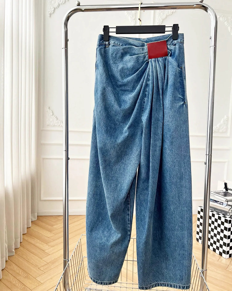Jeans da Donna a Gamba Larga Lavati a Vita Alta con Pieghe e Effetto Distressed, Denim Vintage Primavera 2026, Pantaloni Femminili Streetwear a Tutta Lunghezza