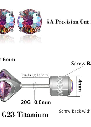 1 paio di orecchini a bottone con zirconi cubici in titanio puro con retro piatto 5A, adatti per donne e uomini, regalo di gioielli per orecchie sensibili platinumshop