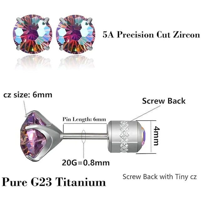 1 paio di orecchini a bottone con zirconi cubici in titanio puro con retro piatto 5A, adatti per donne e uomini, regalo di gioielli per orecchie sensibili platinumshop