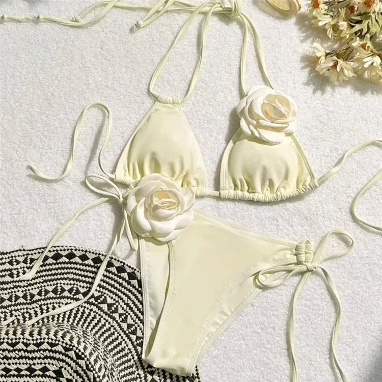Costume da Bagno Sexy con Fiori e Fascia, Bikini a Perizoma 2025, Costumi da Bagno Donna con Lacci, Set Bikini Brasiliano, Biquini Mujer platinumshop