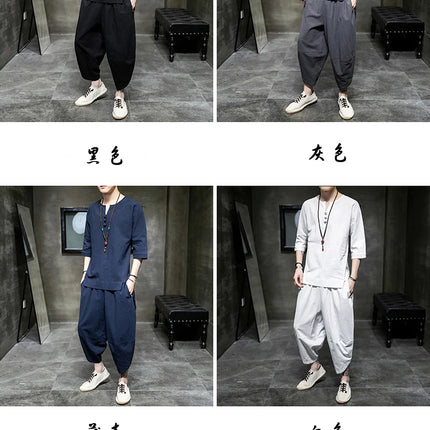 Stile giapponese due pezzi t-shirt pantaloni uomo uomo abiti Kimono maniche corte giappone Harajuku Yukata Cardigan Costume top pantaloni