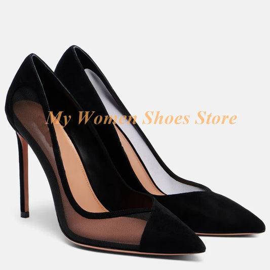Air Mesh Suede Patchwork Pumps Sexy Pointy Toe Slip On Shallow Stiletto Thin High Heel Runway 2026 Autumn Spring Women Shoes