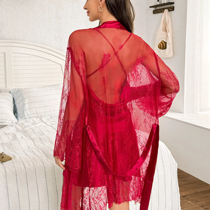 Vestaglia trasparente in pizzo con camicia da notte in poliestere tinta unita di vendita calda per set da 2 pezzi da donna