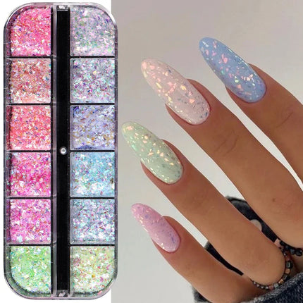 12 Grids Aurora Chameleon Nail Glitter Flakes Irregular Crystal Glass Sequins Powder Shiny Mermaid Paillette Nail Art Decoration 2026