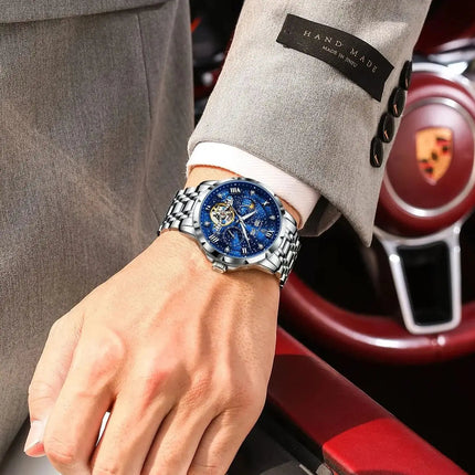 POEDAGAR Top Orologio da uomo originale Orologio meccanico automatico da uomo in acciaio inossidabile Calendario Hollow Tourbillon Orologio da uomo Maschio + scatola platinumshop