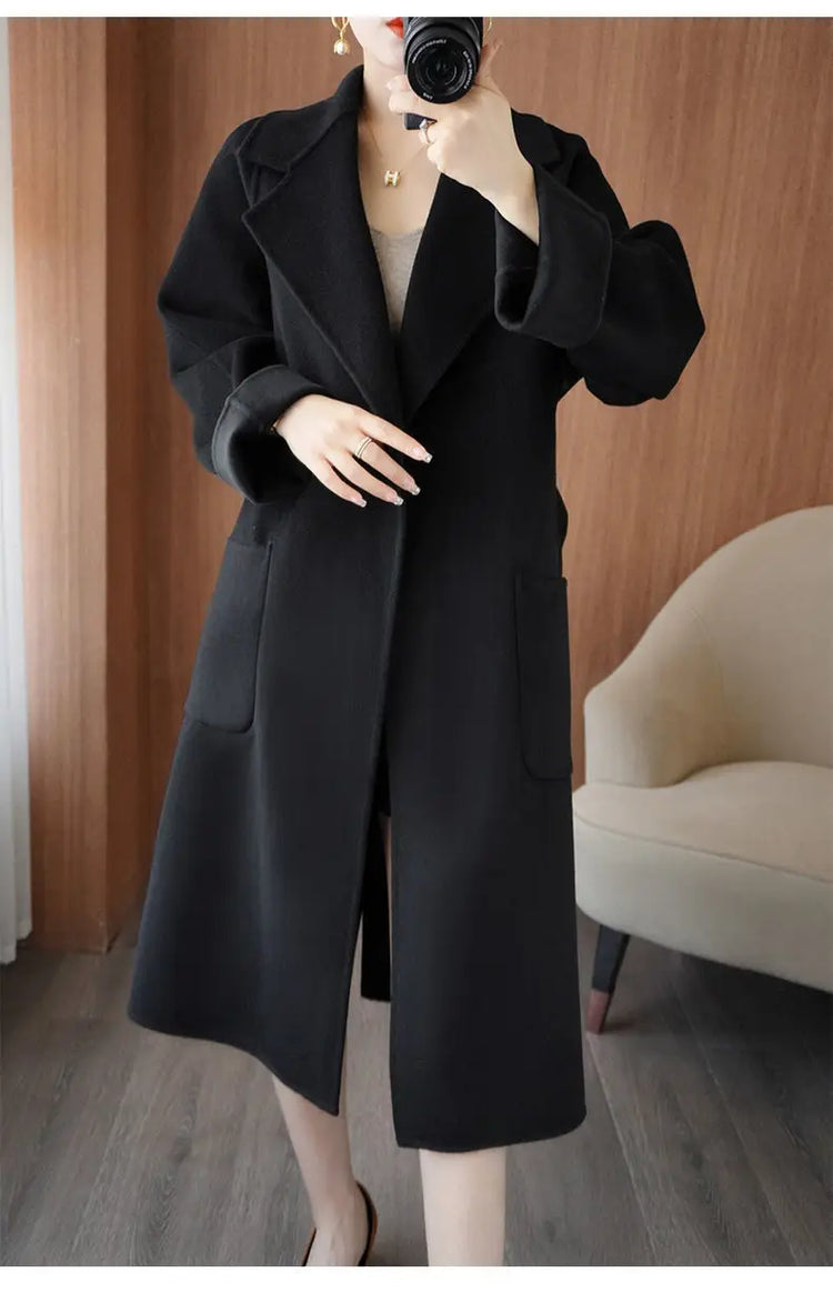 100% Wool Coat Women's Wear 2026 Autumn/Winter Fashion Temperament Double sided Cashmere Coats with Belt Elegant Long Overcoat