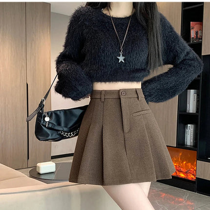 Gidyq Women Wool Mini Skirt Casual Korean Female High Waist Pleated Skirt Harajuku Fashion Streetwear Thick A Line Skirts New PlatiNum
