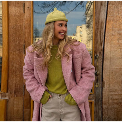 Elegant Women's Woolen Overcoat Solid Lapel Double Breasted Full Sleeve Long Coat 2026 Autumn Winter Fashion Lady Outwear